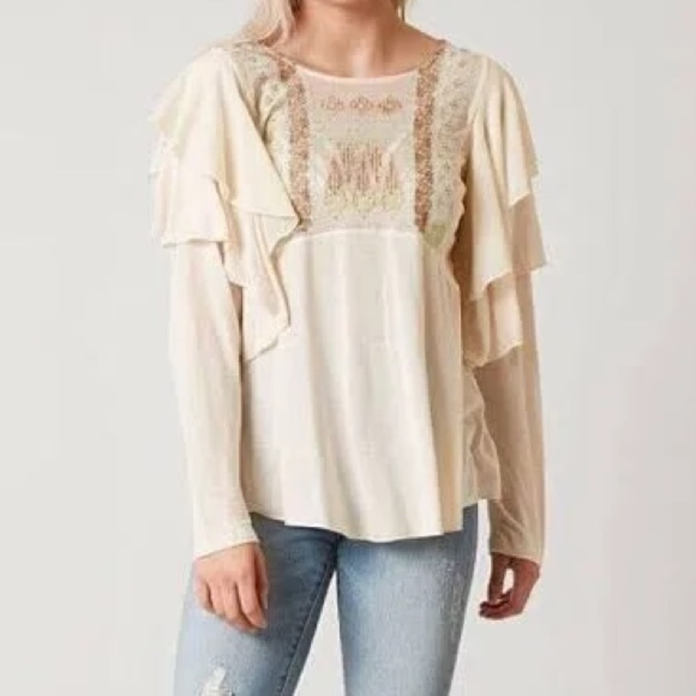Free People La Cienega Embroidered Top Shirt Blouse Almond Ivory - Picture 1 of 5